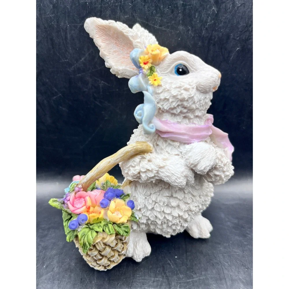 White Resin Easter‎ Bunny Figurine Floral Basket Scarf Figurine Decorative 5